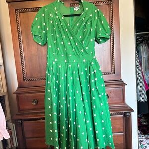 Unique Vintage Green Dress with White Polka Dots